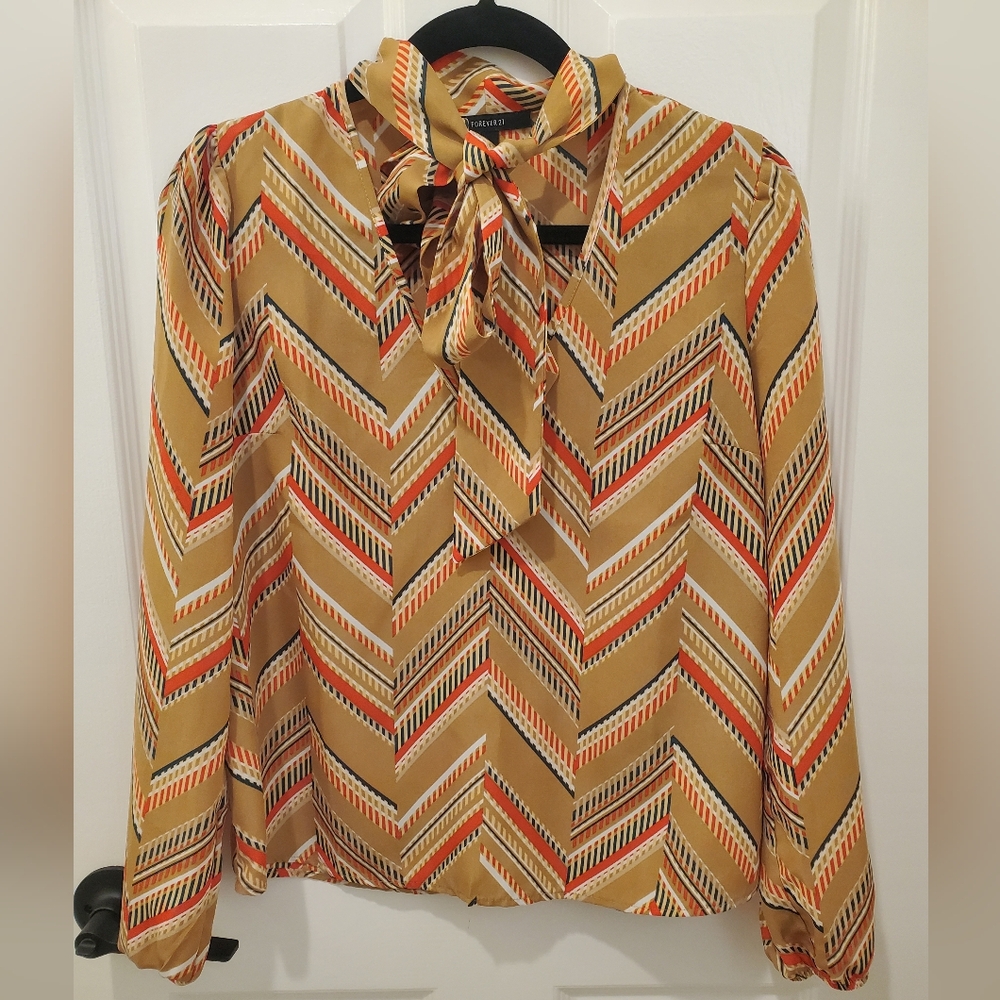 Retro look Forever 21 neck tie blouse, size S